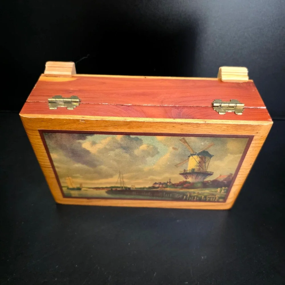 Cedar Wood Trinket Box Small Brown Dutch Windmill Vintage Decor Cottagecore Art